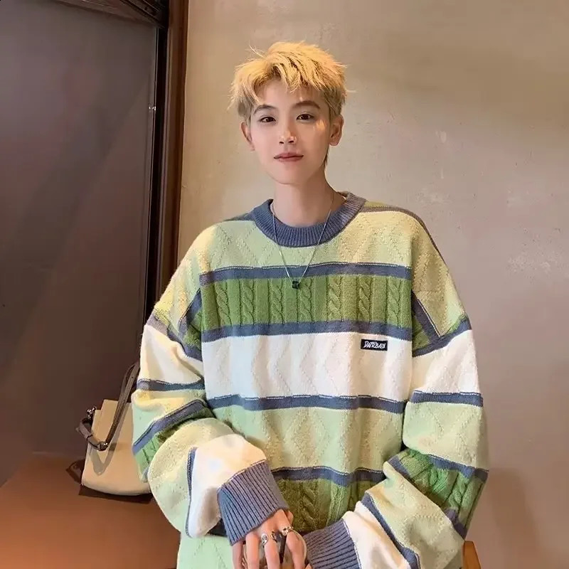 Autumn Striped Sweater Winter Mens Fashion Loose Knitted Top Collar Style 240924