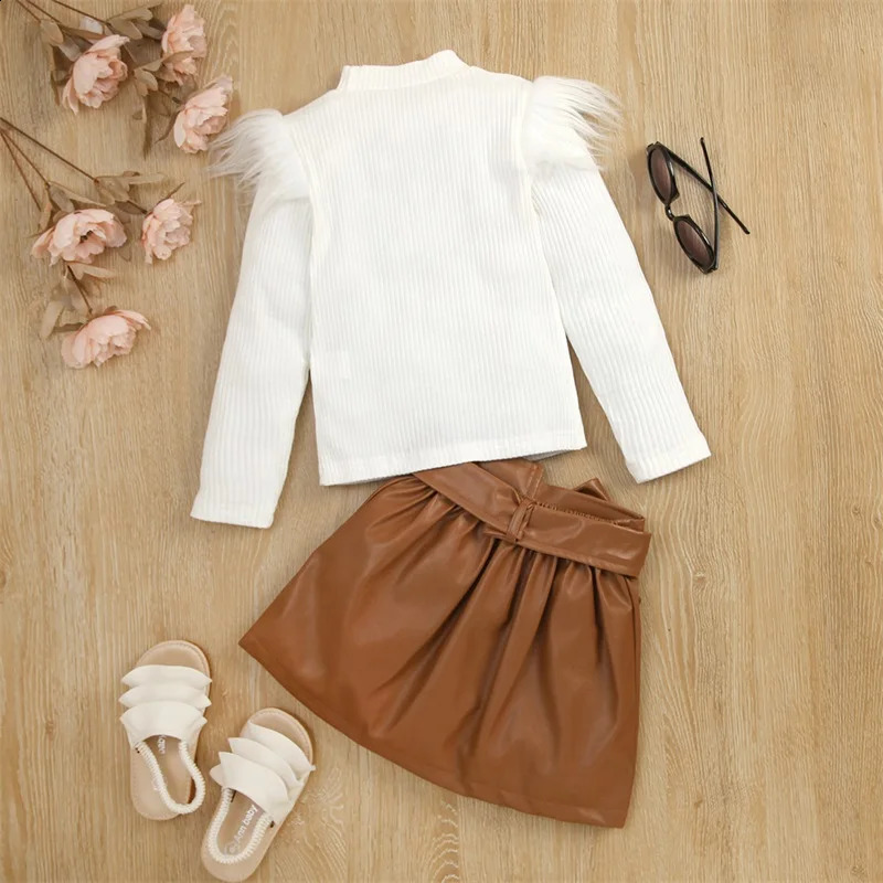 1-6Y Kids Girls Autumn Clothes Set Baby Solid Color Feather Trim Long Sleeve Knit Tops PU Leather Belted Skirt Children Outfit 240920