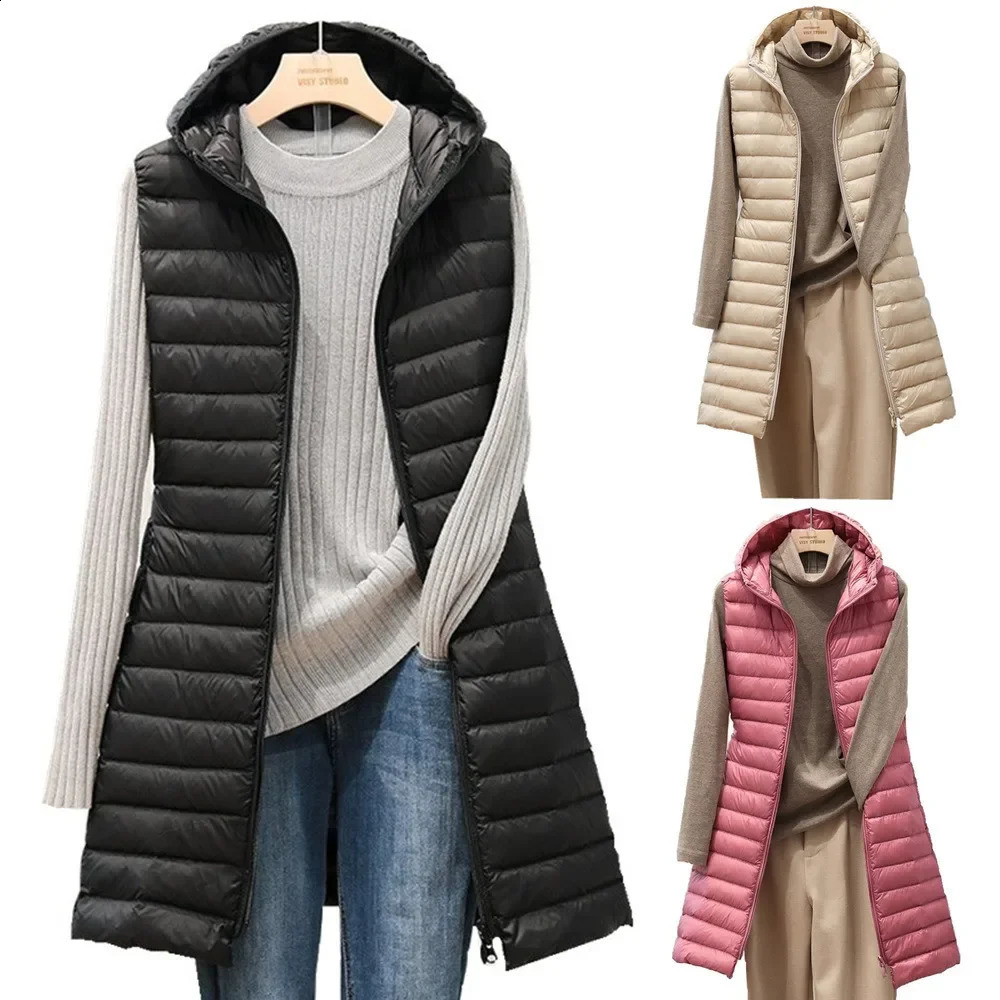 female autumn and winter medium long hooded light down padded jacket waistcoat cotton vest 240923