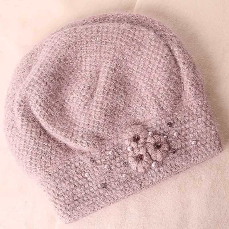 Knitted wool hat womens INS autumn and winter warm headband thickness 2023 new black floral beret W240924