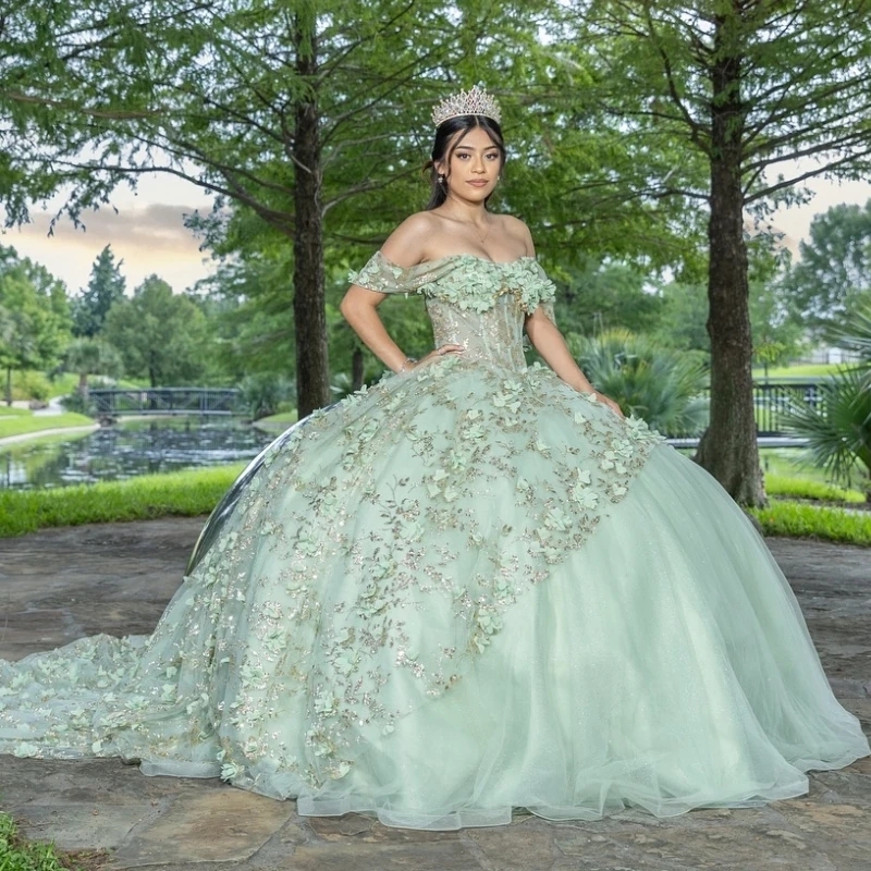 Mint Green Puffy Princess Quinceanera Dresses Off Shoulder 3D Flower Sequins Applique Lace Beads Tull Lace-up Corset Vestidos 15 De Anos