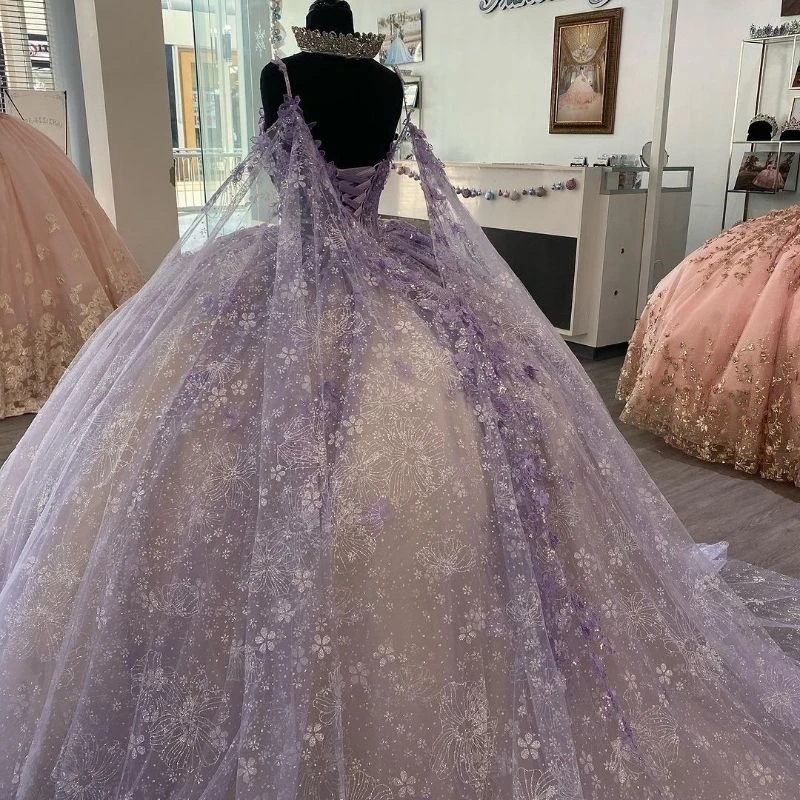 Lavender Shiny Quinceanera Dresses Champagne Lining 3D Flowers Floral Appliques Lace Tull With Cape Vestidos 15 De XV Anos Sweet 16 Dress