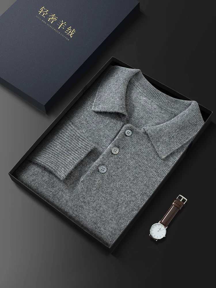 100% Cashmere Mens Polo Collar Pullover Sweater Autumn Solid Business Casual Knitted Loose Large Jacket CL240924
