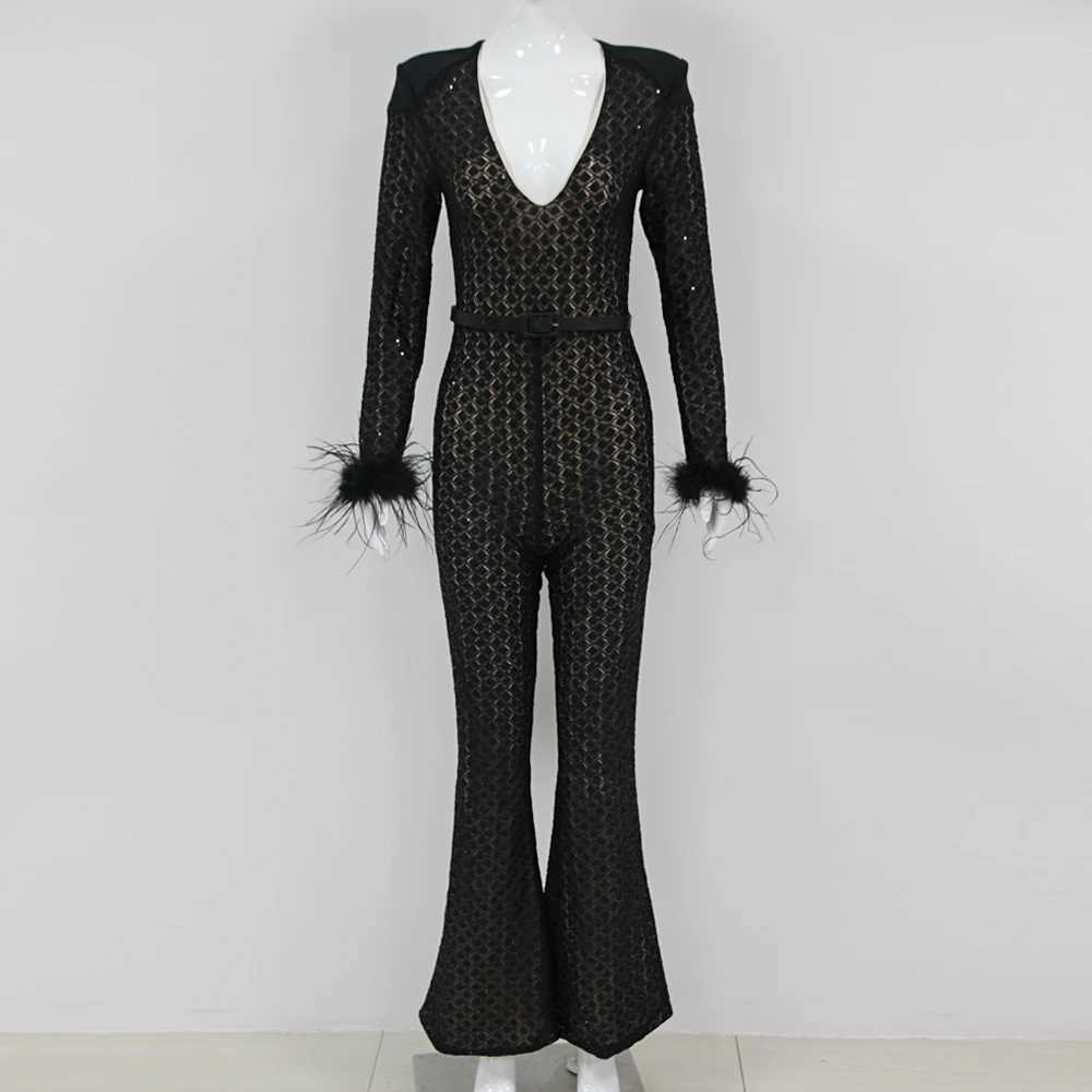KLEEZY new womens sexy V-neck long sleeved feather black sequin tight and elegant party jumpsuit W240924