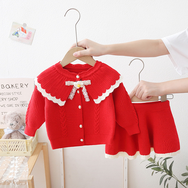 baby girls Clothes set Lace Wool Sweater suit for girl Autumn Spring Kids 2 pcs Clothing Children outfits Shirt skirt Outerwear y240924