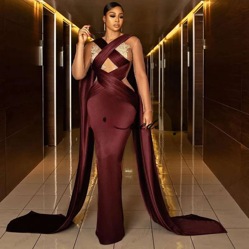 De Vestido Festa Prom Mermaid Sheer Long Sleeves African Girl Evening Party Dress Formal Reception Ocn Wear
