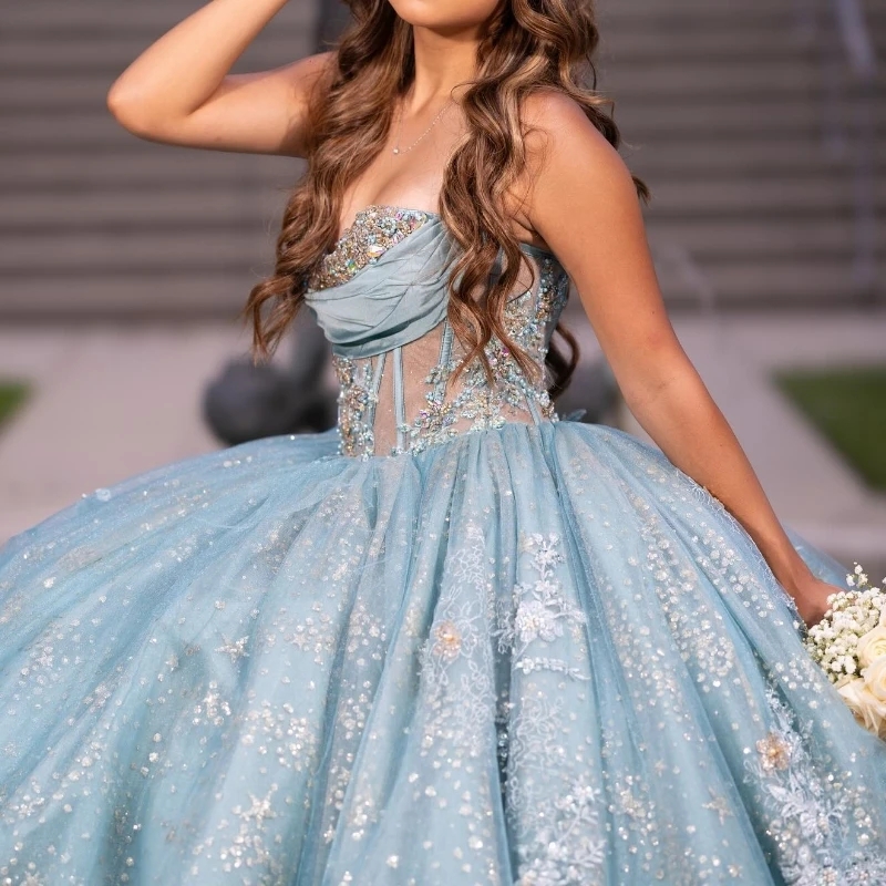 Water Blue Shiny Tassel Ball Gown Quinceanera Dresses Off The Shoulder Sequined Lace Beads Crystal Tull Vestidos De 15 Anos Sweet 16 Dress