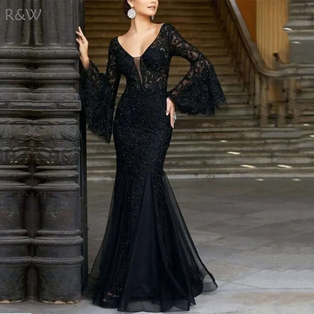 R&W 2021 black Sequins Mermaid Prom Spaghetti Straps Ruffles Skirt Long Formal Party Dresses Backless Evening Pageant Gowns Cheap