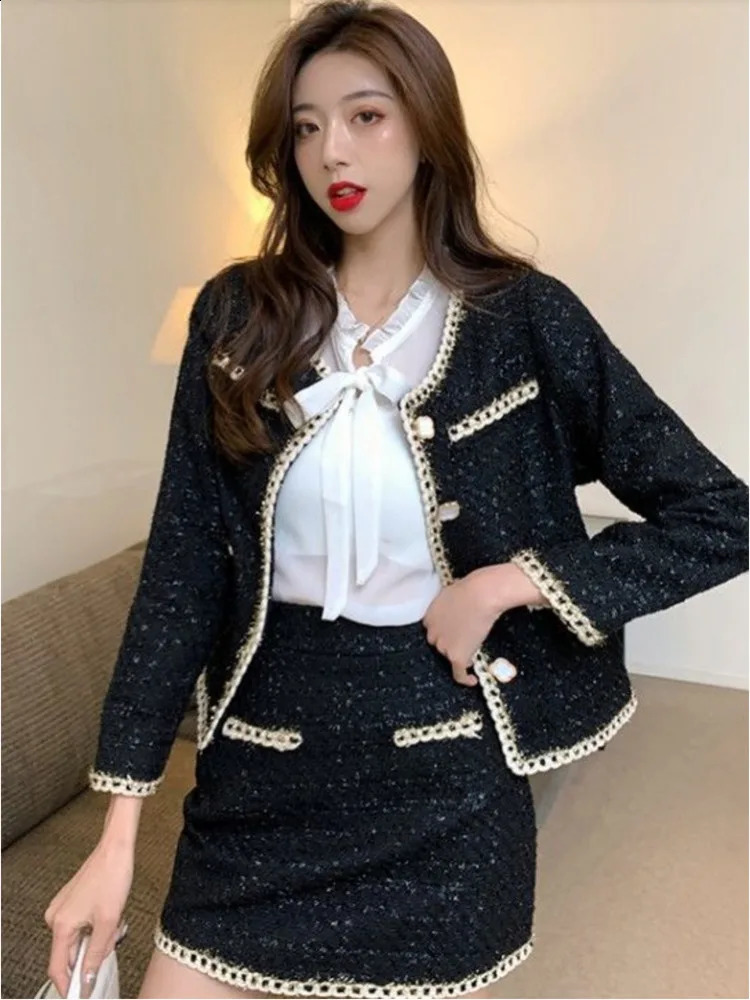 Autumn Winter Elegant Black Tweed 2 Piece Set Women Long Sleeve Woolen Jacket Short Coat Mini Skirts Suits Fashion Two Piece Set 240914