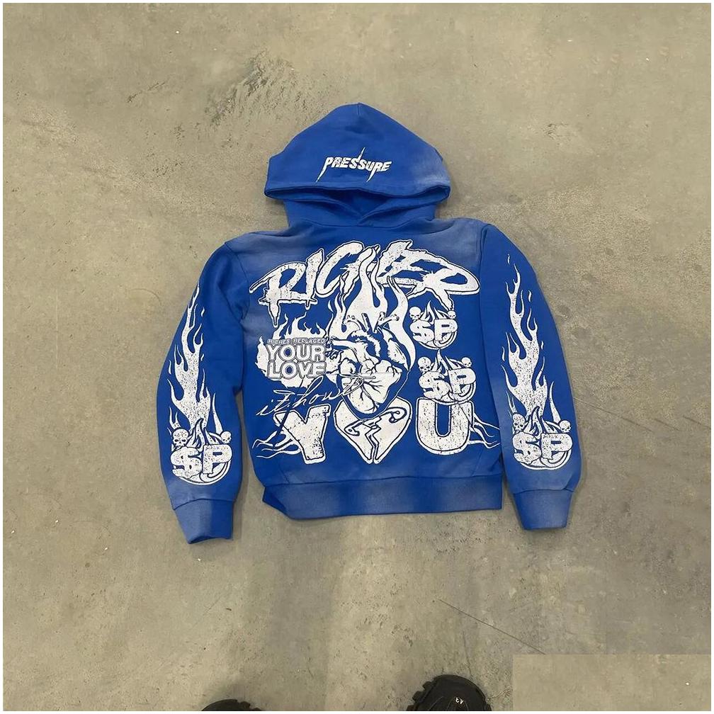 Mens Hoodies Sweatshirts Designer Vintage Graphic Print Pullover Haruku Retro Y2K Streetwear High Street Washed Black Hoodie Drop D Otmj7