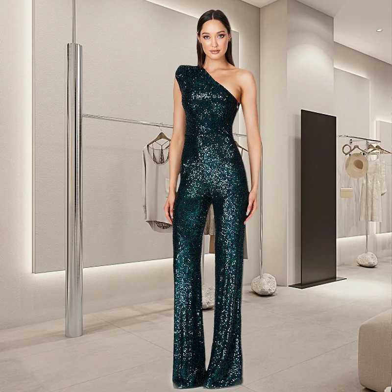 Womens one shoulder evening gown jumpsuit sleeveless sequin club party pants high waisted suit club uniform W240924