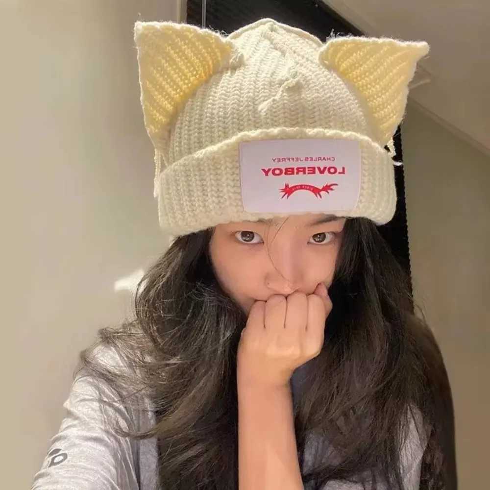 Cute double-layer Loverboy cat ear knitted hat warm hooded pig ear plush hat niche design thick warm hat unisex style W240924