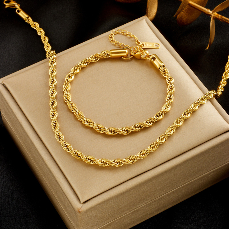 18k Gold Braid Cable Chain Necklace Bracelet Designer Jewelry Set Chunky Tarnish Free Stainless Steel Knot Snake Cuban Chain Necklaces Woman Man Hip Hop Fine Jewelry
