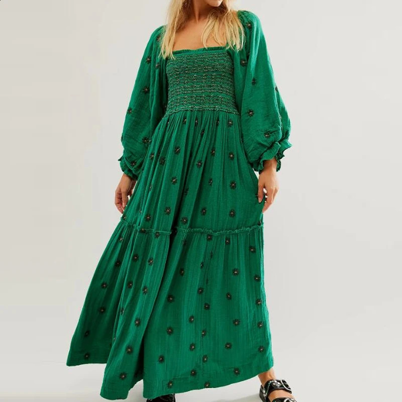 Beach Style Holiday Ruffle Swing A Line Maxi Dress Bohemian Floral Dres Lady Square Neck Long Sleeve Club Party 240923