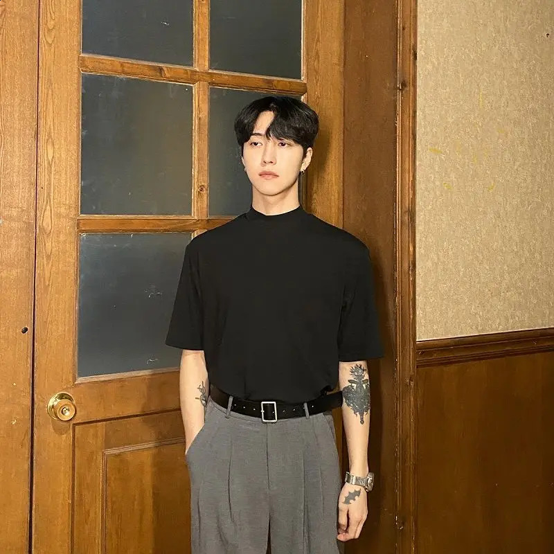 Korean style highend half turtleneck shortsleeved summer Tshirt for men loose icesleeved bottoming shirt y2k trendy ins top 240924