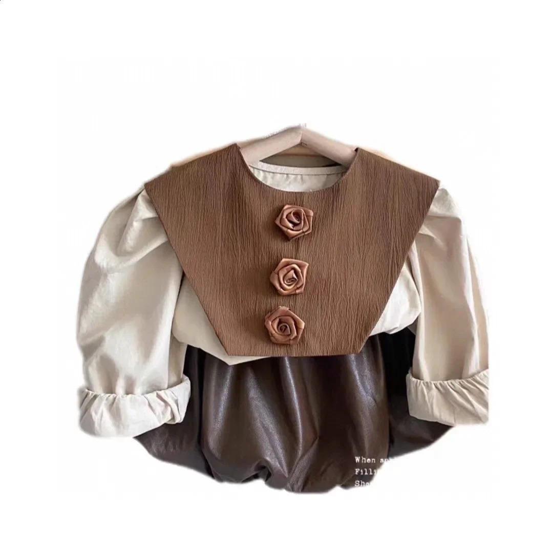 Children Girls Spring Autumn Clothes Set Leather Elastic Puff Skirts Suit Patched Rose Shawl Solid Shirts Infant Outfit 240920