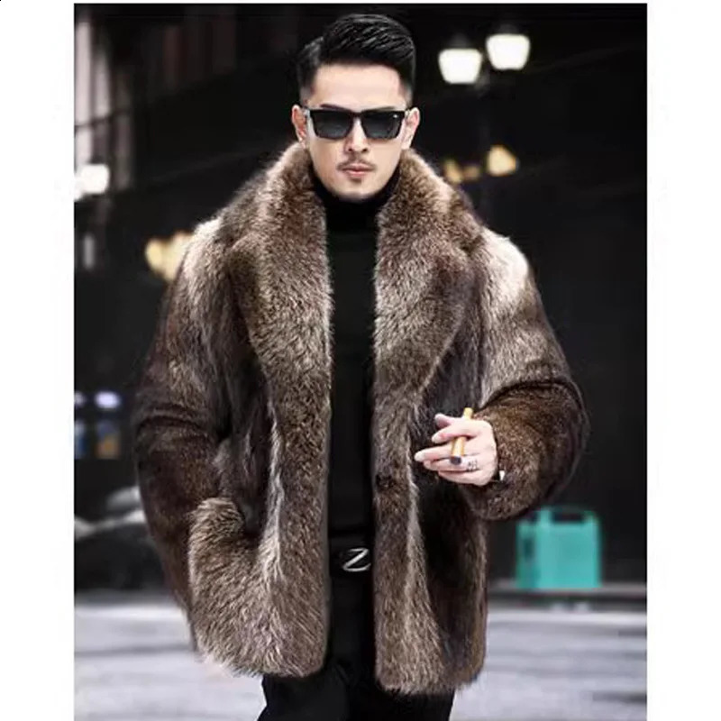Mens autumn and winter thick Maxi faux fox fur coat jacket long sleeved warm fur black park Bontjas fur furry coat 240924CJ