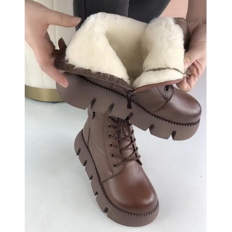 Womens Snow Boots 2024 Winter New Platform Cotton Shoe Retro Black/Brown Round Toe Lace-Up Zipper Modern Motorcycle Boot