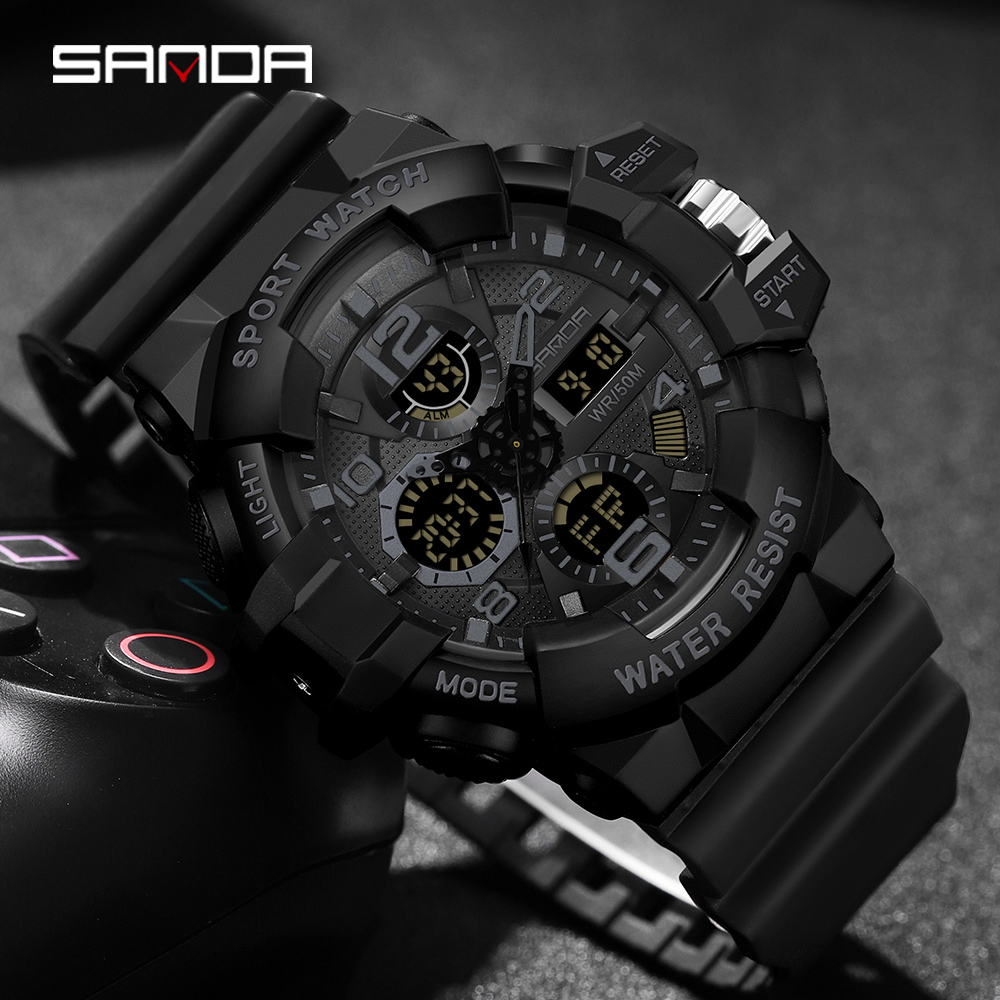 SANDA men's military watch black sports watch LED digital 50M waterproof 3168 watch men's multifunctional clock Relogio Masculino 01