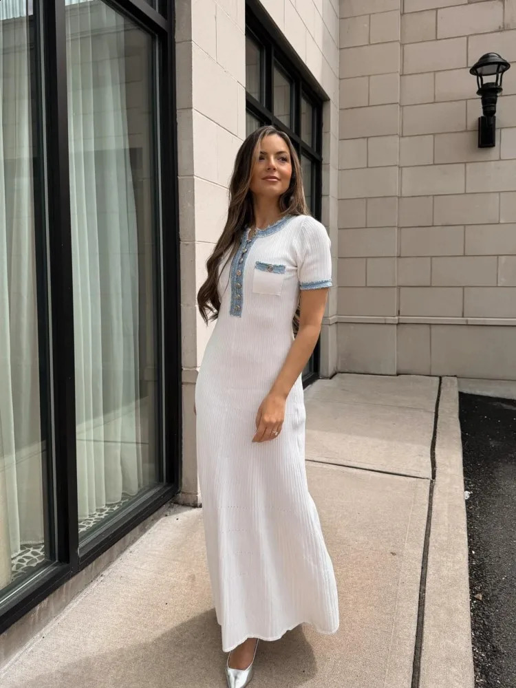 Elegant Contrasting Women Knit Maxi Dress Chic Oneck Short Sleeve Metal Buttons Bodycon Dresses 2024 Office Lady Commuting Robe 240923