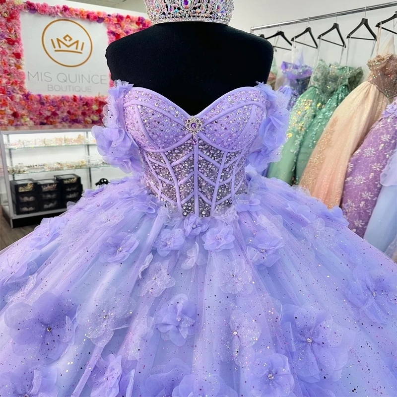 Lilac Sky Blue Princess Ball Gown Quinceanera Dresses Off Shoulder Flower Beaded Crystals Tull Sweet 16 Party Birthday Vestido 15 De Anos
