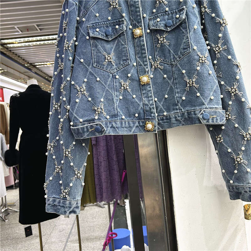 Fashion Beaded Dia Plaid Blue Short Denim Casual Round Neck Single-Breasted Long Sleeve Spring New Women Jeans Jacket