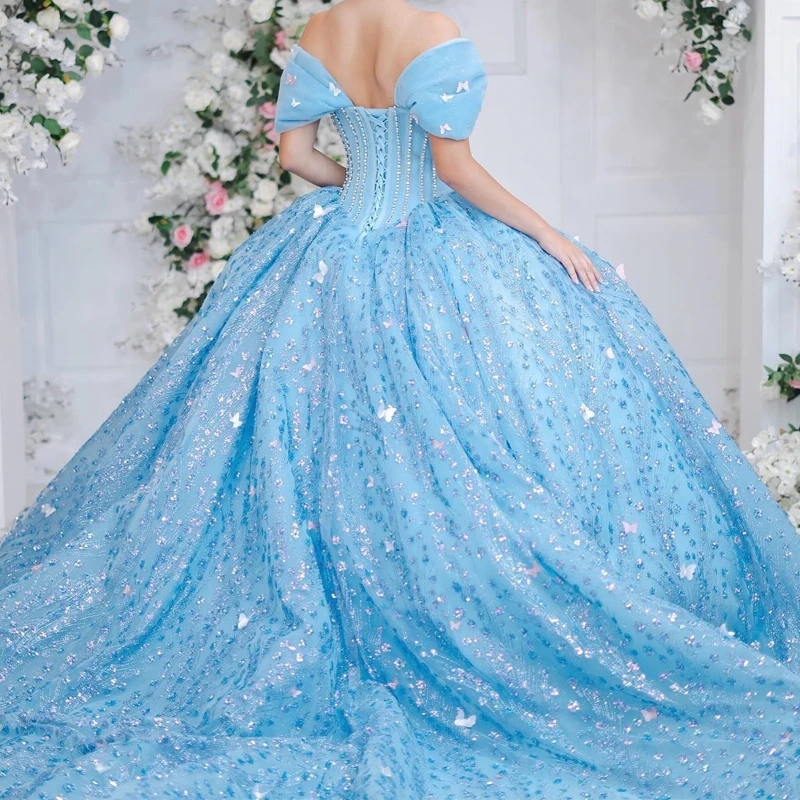Sparkly Sky Blue Princess Off Shoulder Quinceanera Dresses Beads Crystal Pearls Tull Sweet 16 Ball Gown Vestidos De 15 Anos