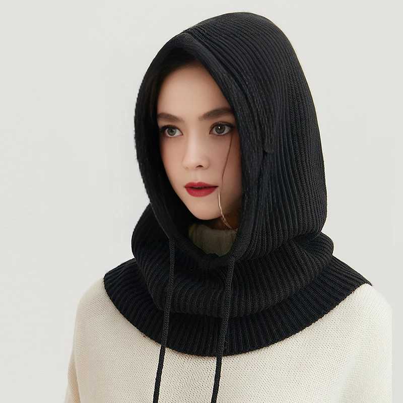 Unisex wool knitted Balaclava hat womens winter cashmere hooded bead neck scarf hat mens brushed Y2K hip-hop Skulls W240924