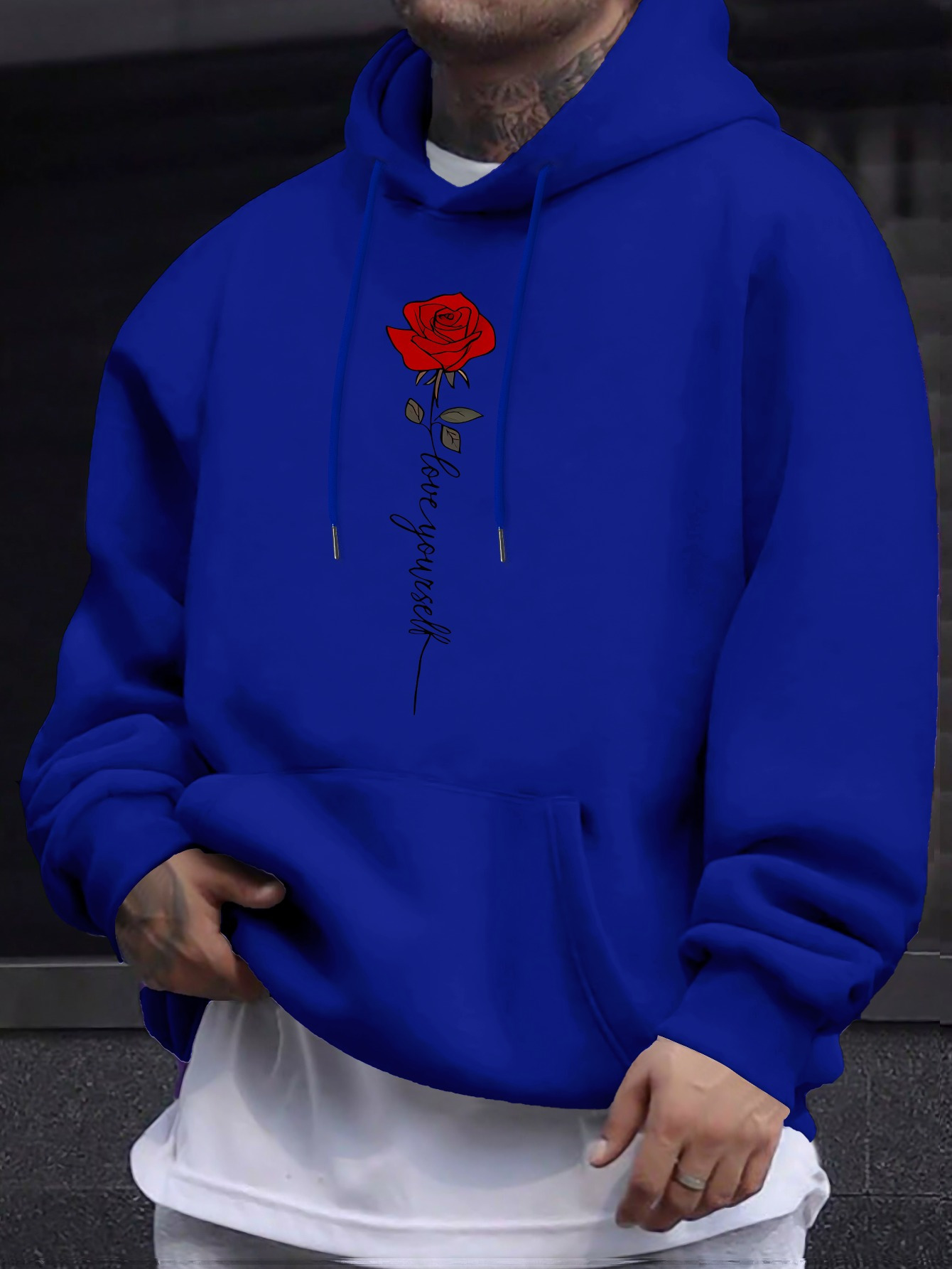 Rose And LOVE YOURSELF Print Men's Trendy Versatile Hoodie, Comfortable Long Sleeved Top, Perfect For Autumn And Winter Daily Commute & Outdoor T