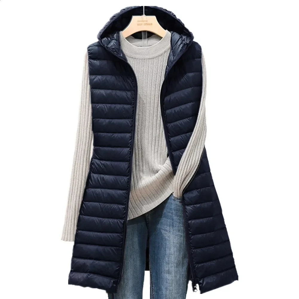 female autumn and winter medium long hooded light down padded jacket waistcoat cotton vest 240923