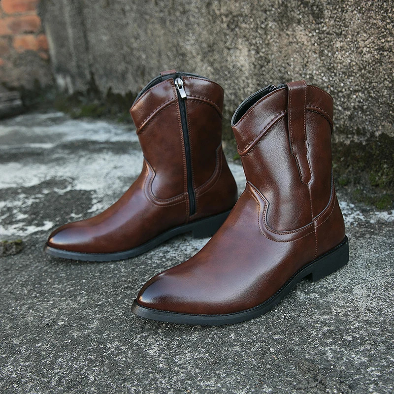 Western Style Cowboy Boot Knight Pointy Leather Men Boots Casual Classic Retro Zipper soft comfortable Size 38-48 240921