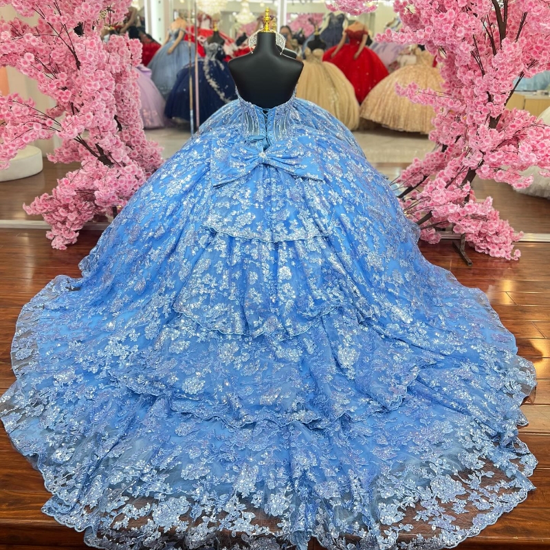 Luxury Sky Blue Ball Gown Quinceanera Dresses Sequin Applique Lace Beaded Tull Off Shoulder Sweet 16 Dress Lace-up Vestidos De 15 Anos