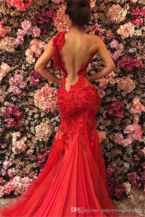 See Red Through Backless Sexy Mermaid Prom Dresses Fashion High End Lace Tulle Evening Gowns BC