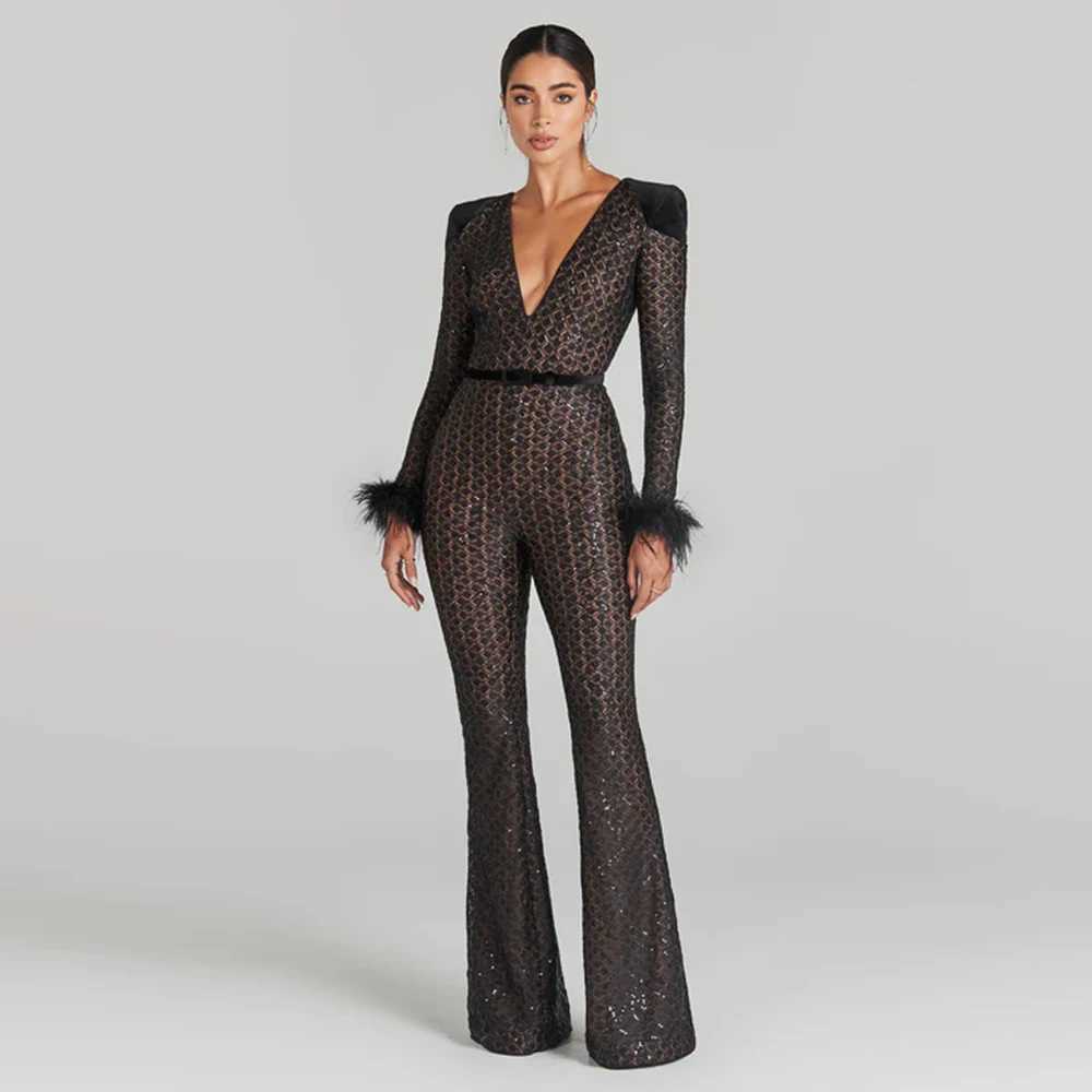 KLEEZY new womens sexy V-neck long sleeved feather black sequin tight and elegant party jumpsuit W240924
