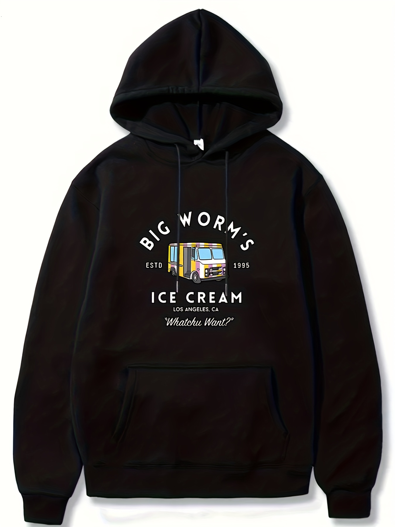"Big Worm's Ice Cream" Print Hoodie For Men, Casual Hooded Long Sleeve Top, Men's Clothes For Spring Fall Winter, As Gift