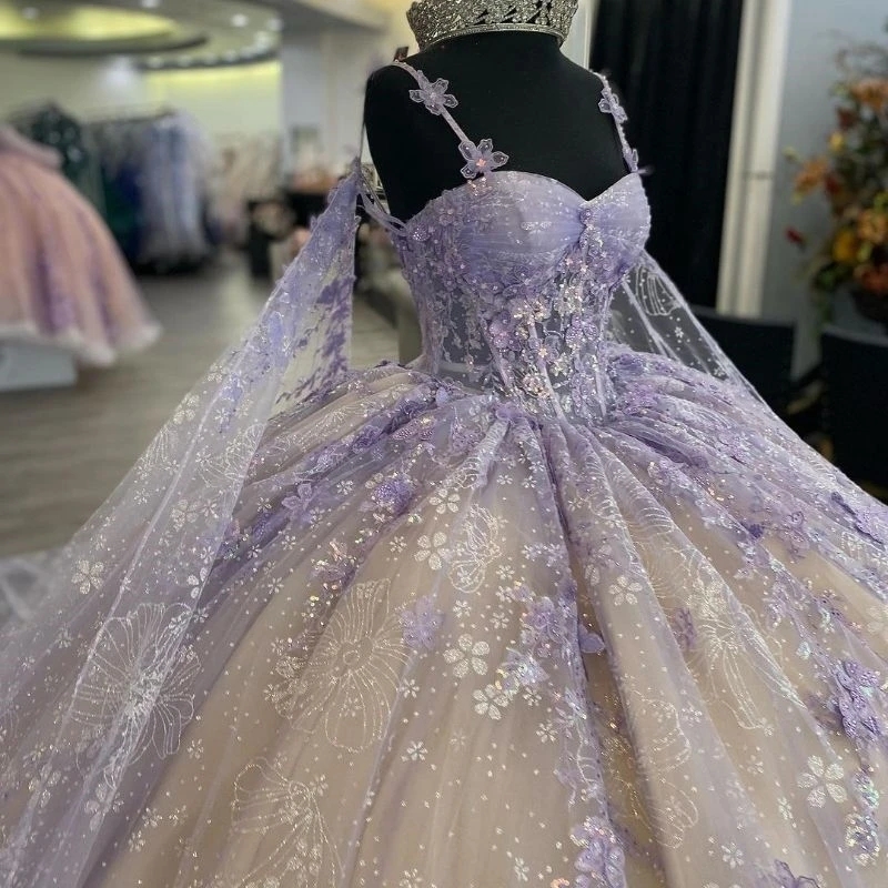 Lavender Shiny Quinceanera Dresses Champagne Lining 3D Flowers Floral Appliques Lace Tull With Cape Vestidos 15 De XV Anos Sweet 16 Dress