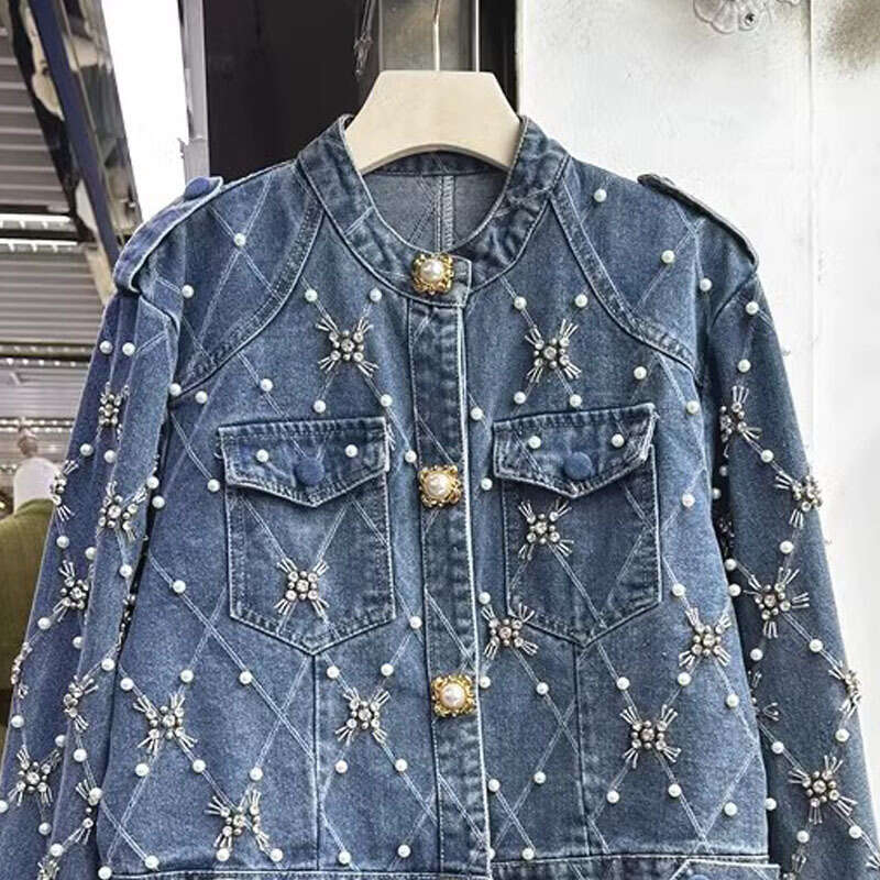 Fashion Beaded Dia Plaid Blue Short Denim Casual Round Neck Single-Breasted Long Sleeve Spring New Women Jeans Jacket