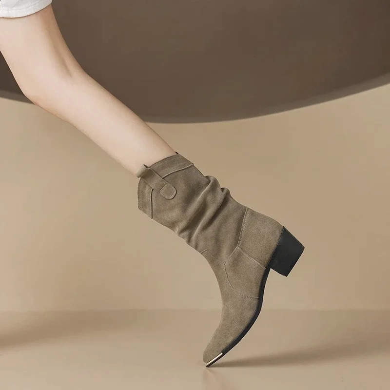 Cowboy suede mid calf modern womens boots retro brown knight boots thick high heels slim fit angle Western style denim autumn and winter shoes240921bj