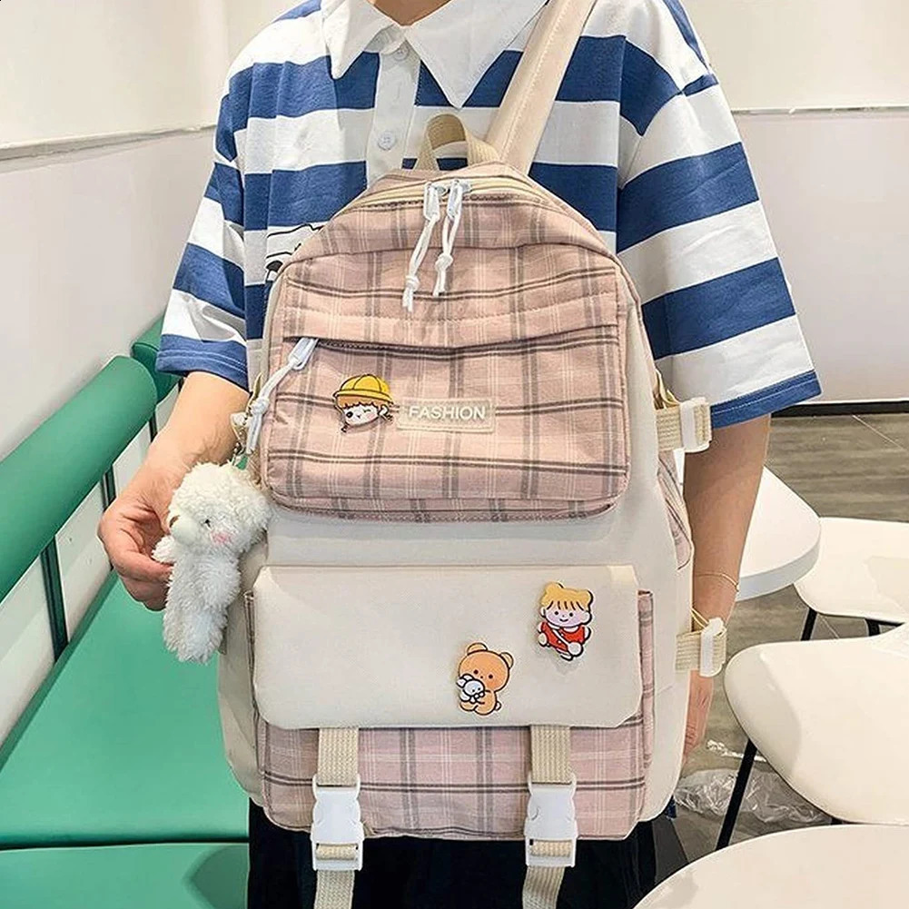 5pieceset backpack combination set large capacity canvas school waterproof shoulder handbag pendant badge 240724