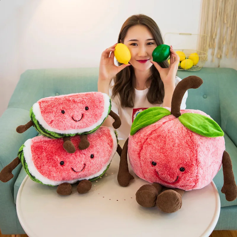 Jelly Cat Cartoon Watermelon Cherry Toy Simulation Expression Fruit Doll Bed Girl Holiday Gift 240904