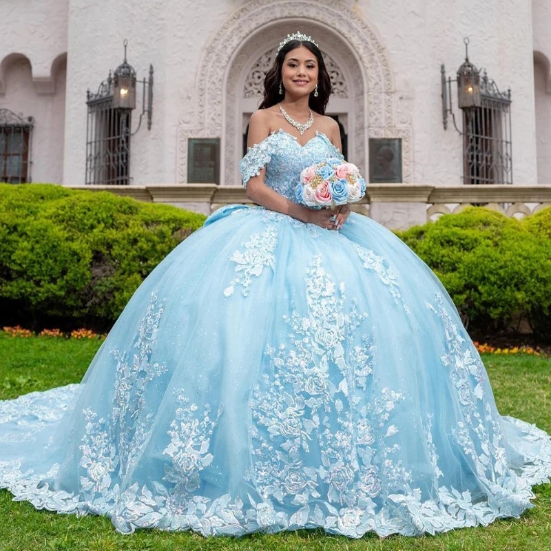 Sky Blue Shiny Princess Quinceanera Dresses Ball Gown Off the Shoulder Applique Lace Beads Tull Sweet 16 Dress Vestido 15 De Anos