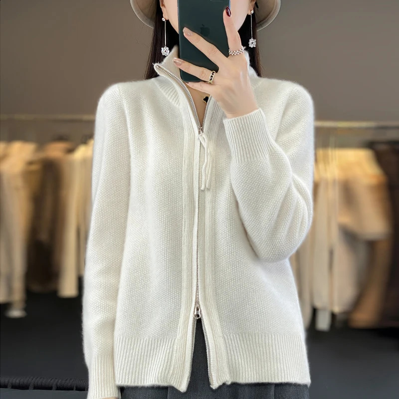 Autumn/Winter Ultra Thick Cashmere Zipper cardigan 100% Merino Wool Womens Turtle Neck Sweater Coat Solid Color Warm Knitted 240924