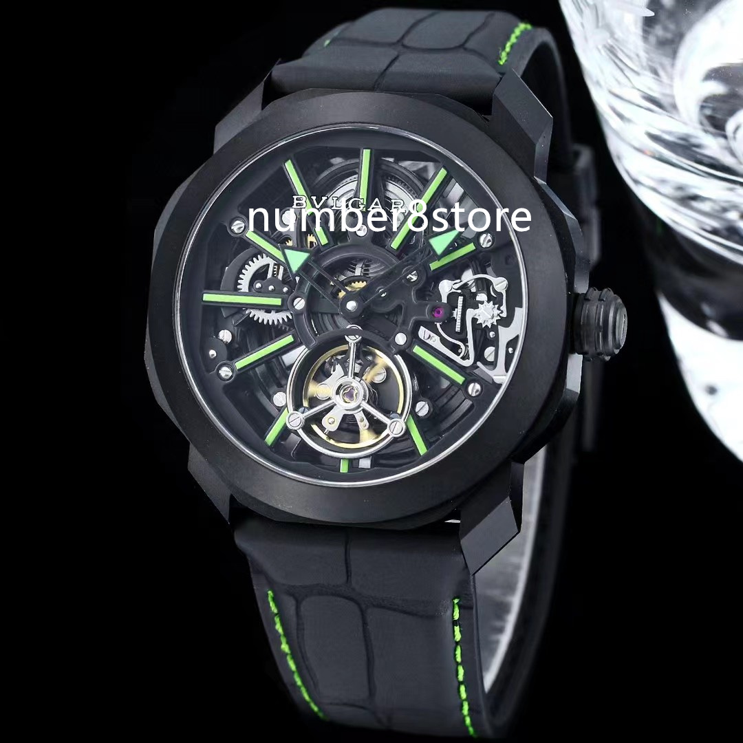 Octo Roma Automatic Mens Watch Black Titanium Steel Octogonal Skeletonized Watches Luxury Wristwatch Sapphire Crystal Green Leather Water Resistance