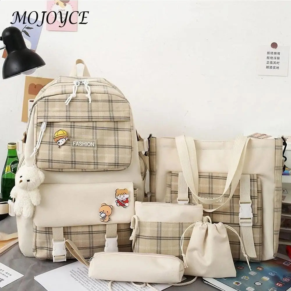 5 piecesset canvas school backpack large capacity student waterproof cute tablet Knapsack travel office pendant badge 240724