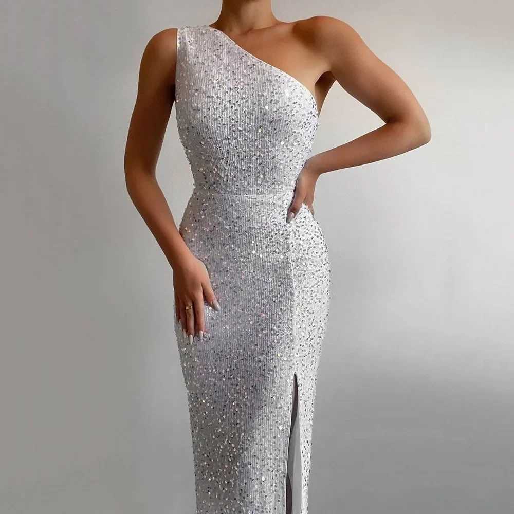 New womens split style dress with one shoulder sequin ultra-thin evening gown CL240924