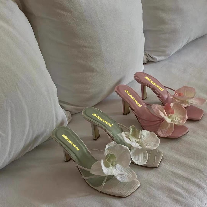 Mixed Colors Womens Slippers Pink Green Decor Square Toe 8Cm Quality High New Heels Summer Sweet Hollow Party Female Shoes Ashoesfactory