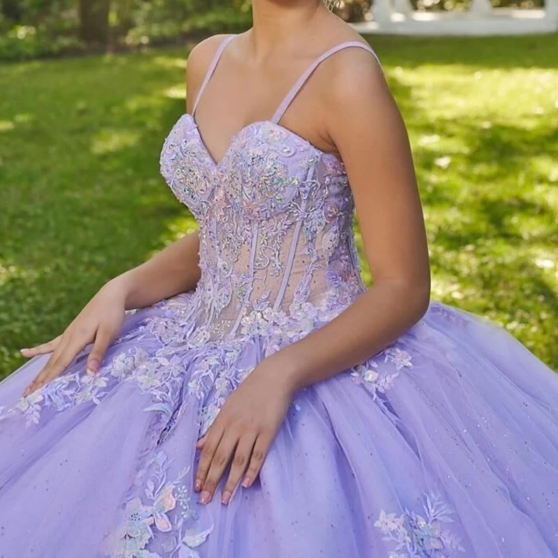 Lavender Quinceanera Dresses Spaghetti Strap Lace Applique Beading Tull Birthday Party Mexican Sweet 16 Vestidos De XV 15 Anos