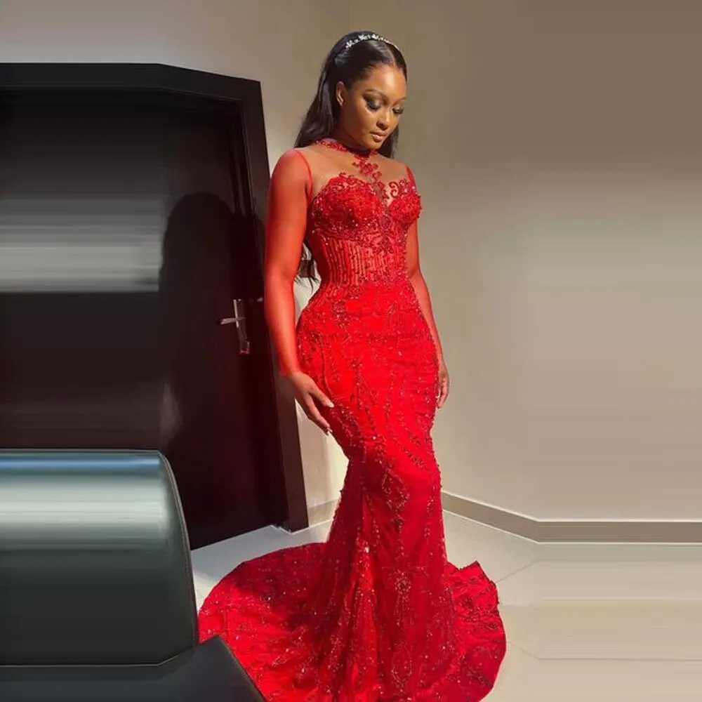 Red sexy ball dress for African women fantasy long sleeved lace mermaid evening dress Christmas and New Year party dress W240924