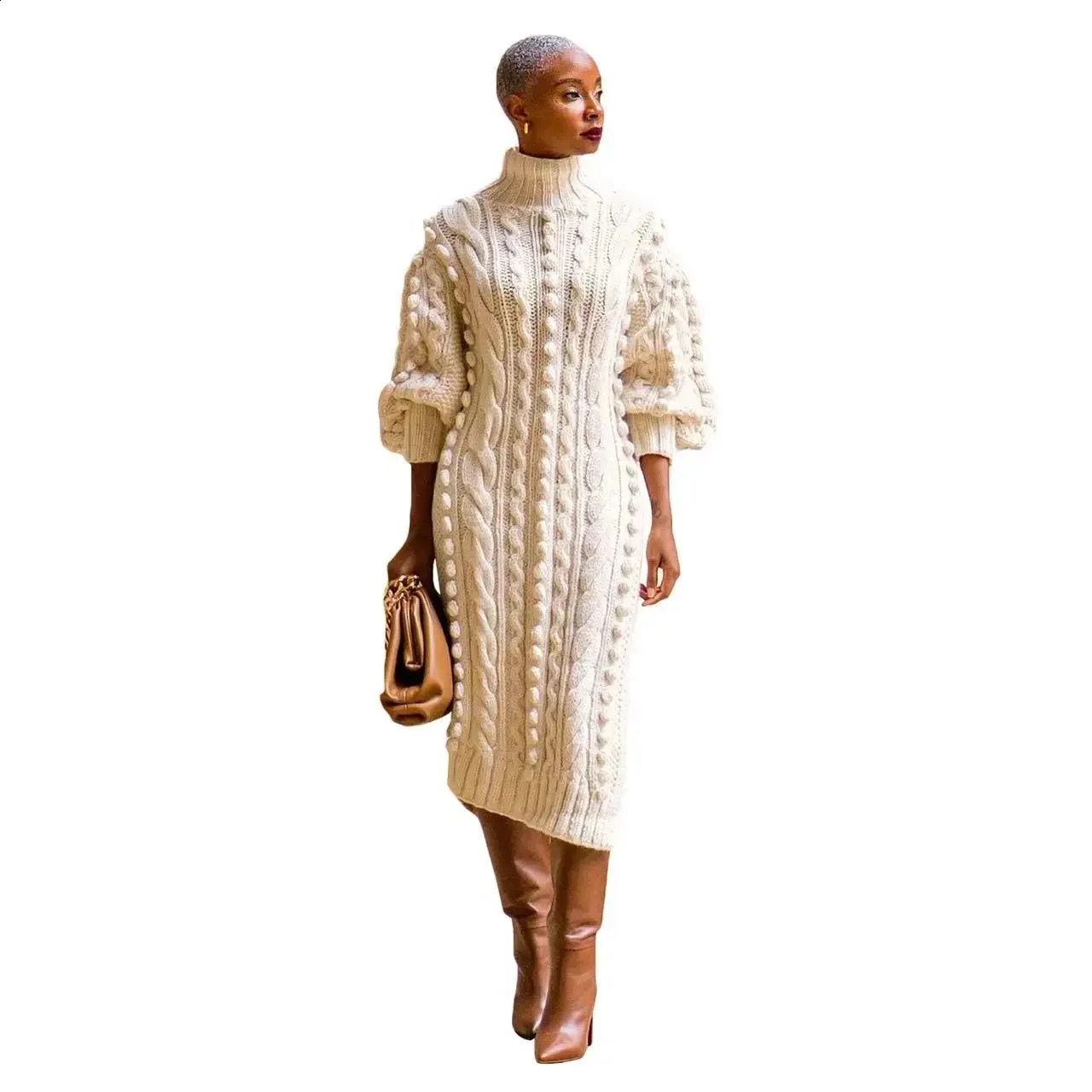 2024 Autumn Women Long Sleeve Turtleneck Knitted Dress Sexy High Split Sweater Dress Casual Warm Winter Thicken Dress Female 240913