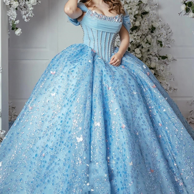 Sparkly Sky Blue Princess Off Shoulder Quinceanera Dresses Beads Crystal Pearls Tull Sweet 16 Ball Gown Vestidos De 15 Anos